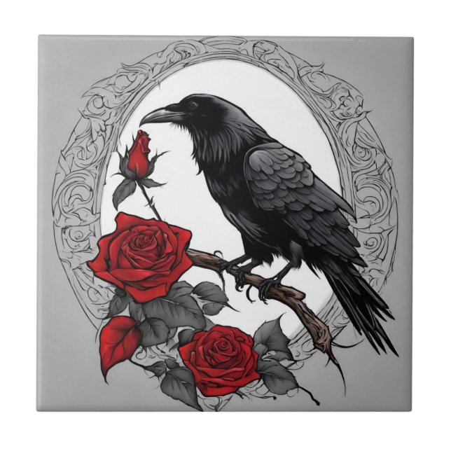 Azulejo De Cerâmica Gótica Black Raven com Rosas vermelhas (Frente)