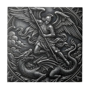 Azulejo De Cerâmica Gótico Cristão Arcanjo São Miguel Metal Cinza