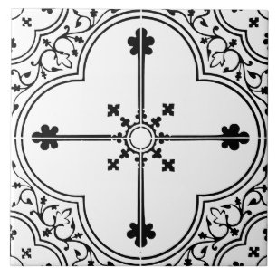 Azulejo De Cerâmica Gótico Preto e Branco Trevo Cruz Vintage Antigo