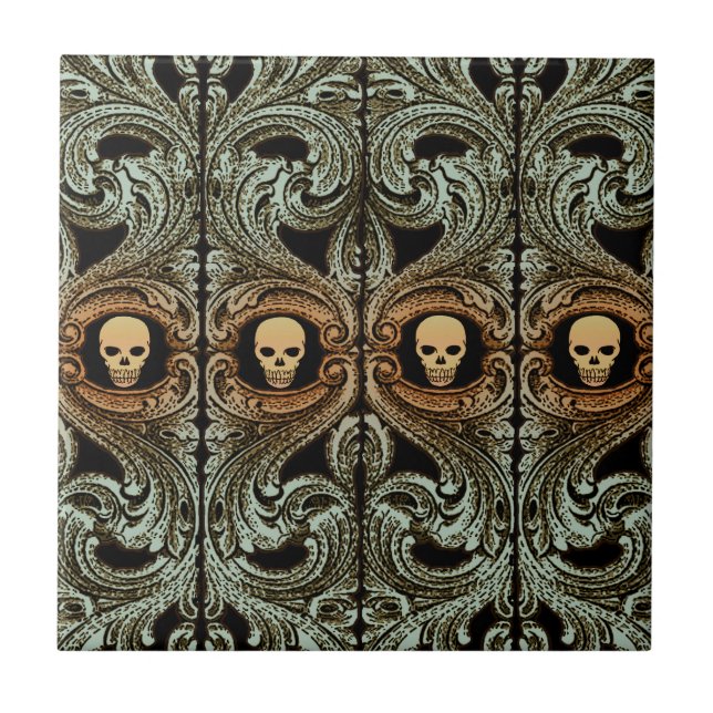Azulejo De Cerâmica Gótico Sage Verde Ornament Com Crânio (Frente)