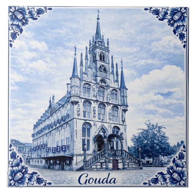 Azulejo De Cerâmica Gouda town hall Delft Blue style ceramic tile (Frente)