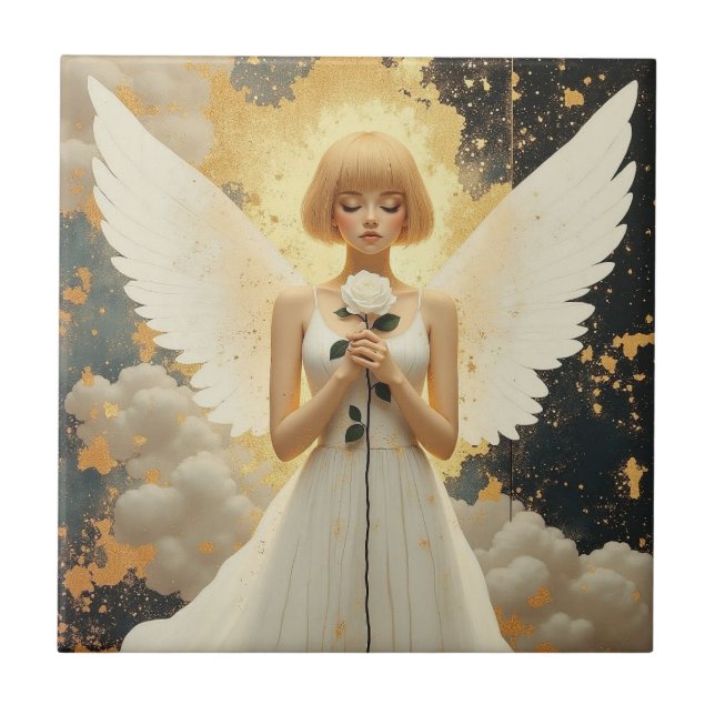 Azulejo De Cerâmica Graça Celestial | Anjo Bonito e Rosa  (Frente)
