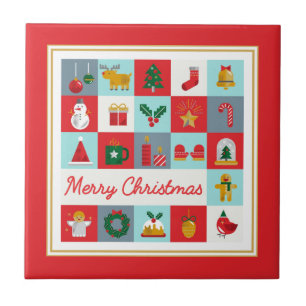 Azulejo De Cerâmica Grade de Ícone Retro de Natal com Moldura Vermelha