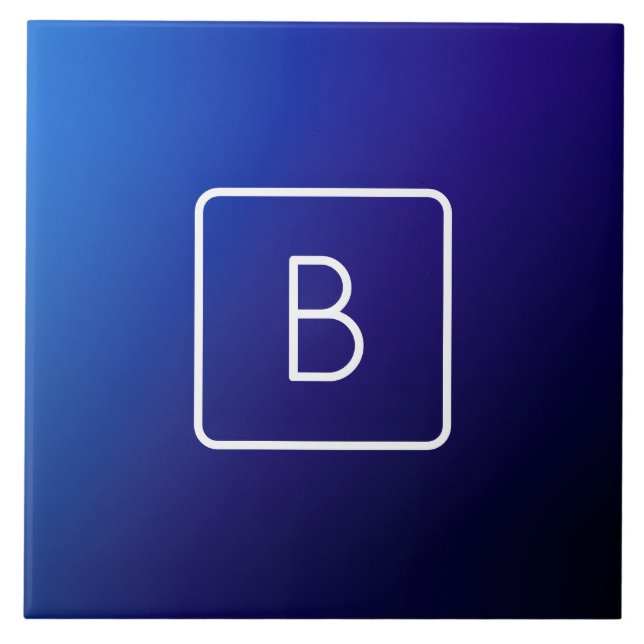 Azulejo De Cerâmica Gradiente e Monograma de Mão Azul Escuro Simples (Frente)