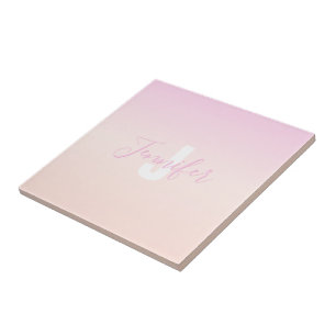 Azulejo De Cerâmica Gradiente Ombre Rosa Claro e Pêssego Nome e Monogr