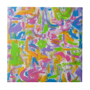 Azulejo De Cerâmica Grafite Neon-Pinceladas Abstratas Pintadas à Mão