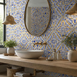 Azulejo De Cerâmica Grand Mosaic Blue and Gold Floral Mediterranean