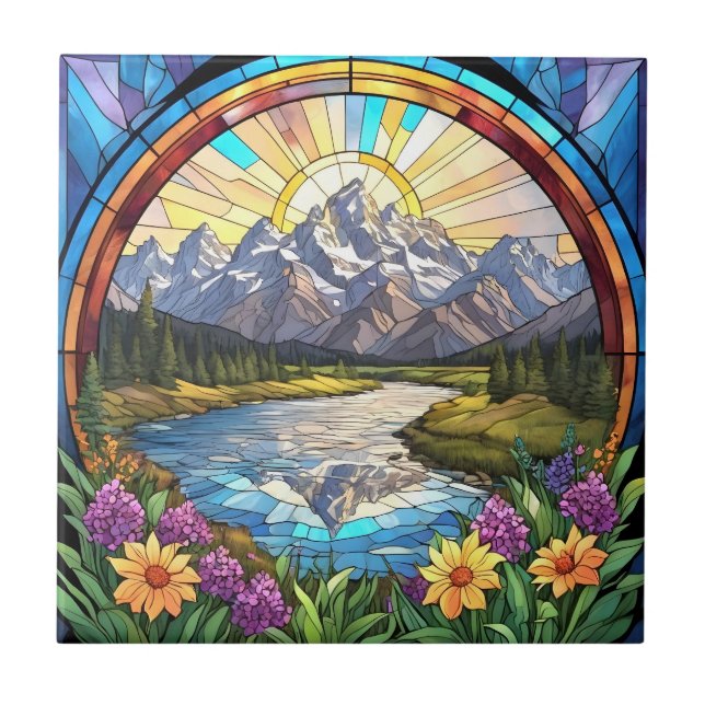 Azulejo De Cerâmica Grand Teton Mounties Faux Stainha Glass Mountain (Frente)
