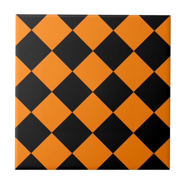 Azulejo De Cerâmica Grande Checkered de Diag - preto e laranja (Frente)