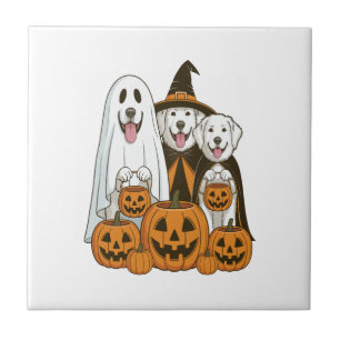 Azulejo De Cerâmica Grande Pyrenees Cão Fantasma Bruxa Halloween Corre