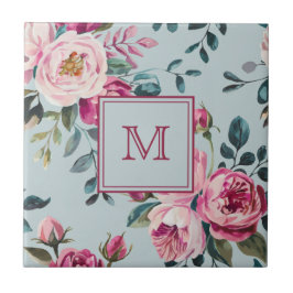 Azulejo De Cerâmica Grandmillennial Rosa Poeirenta Floral Monograma Pe