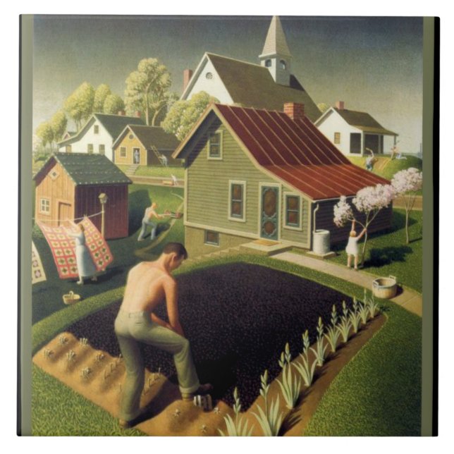 Azulejo De Cerâmica Grant Wood - Primavera na cidade, famosa pintura, (Frente)