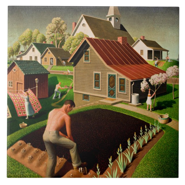 Azulejo De Cerâmica Grant Wood - Primavera na cidade, pintura de arte (Frente)