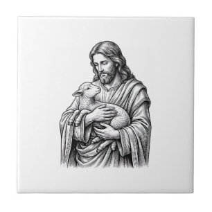 Azulejo De Cerâmica Grave Desenho de Pastor segurando Cordeiro Vetor