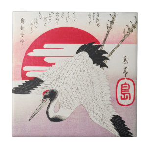 Azulejo De Cerâmica Grave Japonês Vintage Grou Sol Vermelho Xilogravur