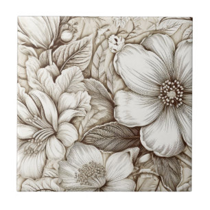 Azulejo De Cerâmica Grave Sepia Botânico Floral Gravura Marfim