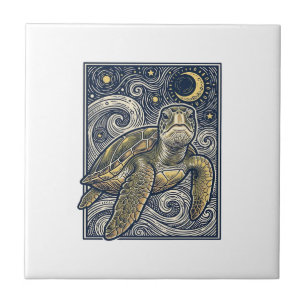 Azulejo De Cerâmica Gravura Antiga Tartaruga Marinha Noite Estrelada