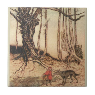 Azulejo De Cerâmica Gravura vintage de Chapeuzinho Vermelho e Lobo de