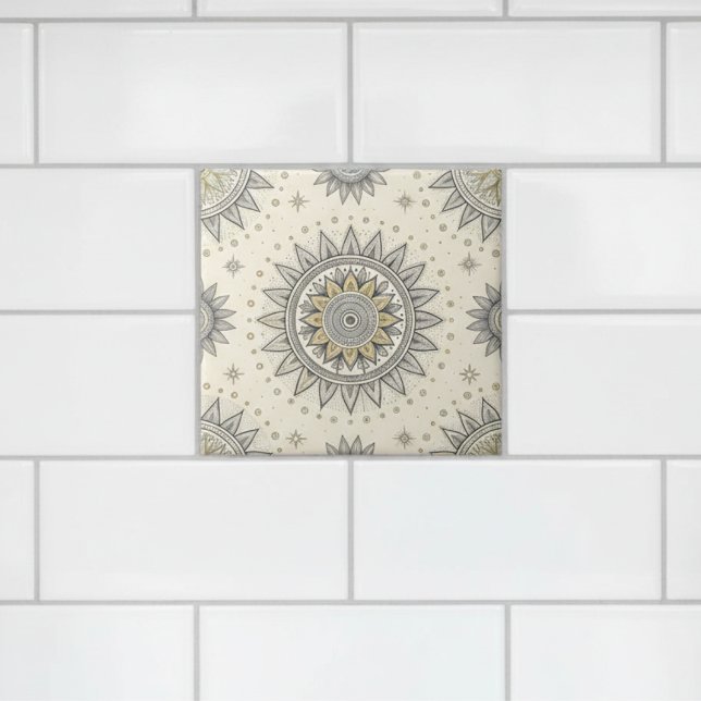 Azulejo De Cerâmica Gray Gold Mandala Pattern (Criador carregado)