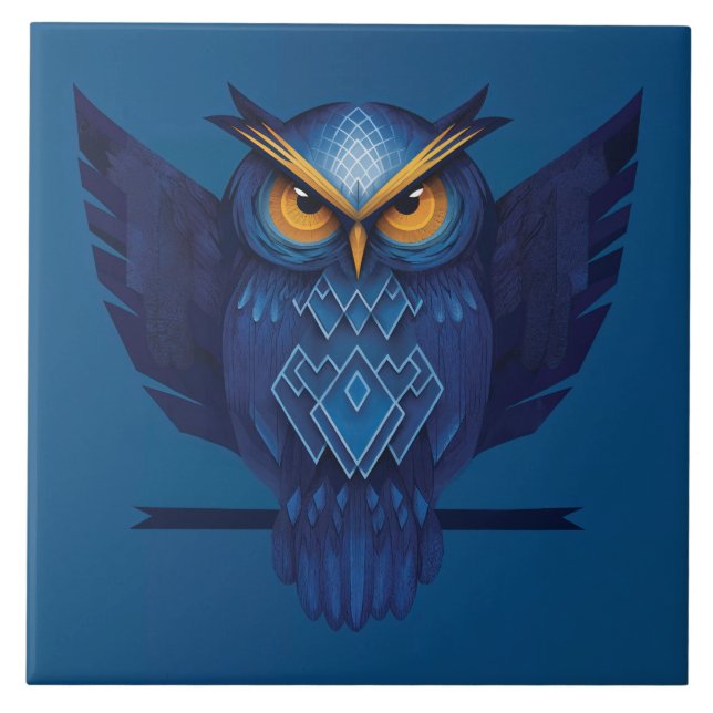 Azulejo De Cerâmica Great Horned Owl In Blue (Frente)