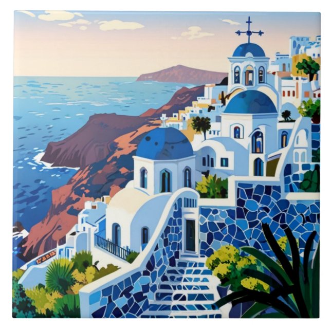 Azulejo De Cerâmica Grécia de Santorini em Sunset - Ilha Grega (Frente)