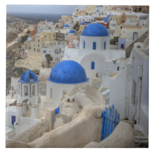 Azulejo De Cerâmica Grécia, Santorini. Torre sineira e cúpulas azuis d