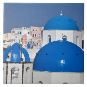 Azulejo De Cerâmica Grécia, Santorini. Torre sineira e cúpulas azuis d