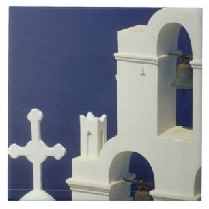 Azulejo De Cerâmica Grécia, Santorini. Vista de uma igreja grega e