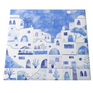 Azulejo De Cerâmica Grécia Santorini Watercolor Towscape