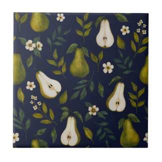 Azulejo De Cerâmica Green Pear Watercolor Pattern on Dark Blue 