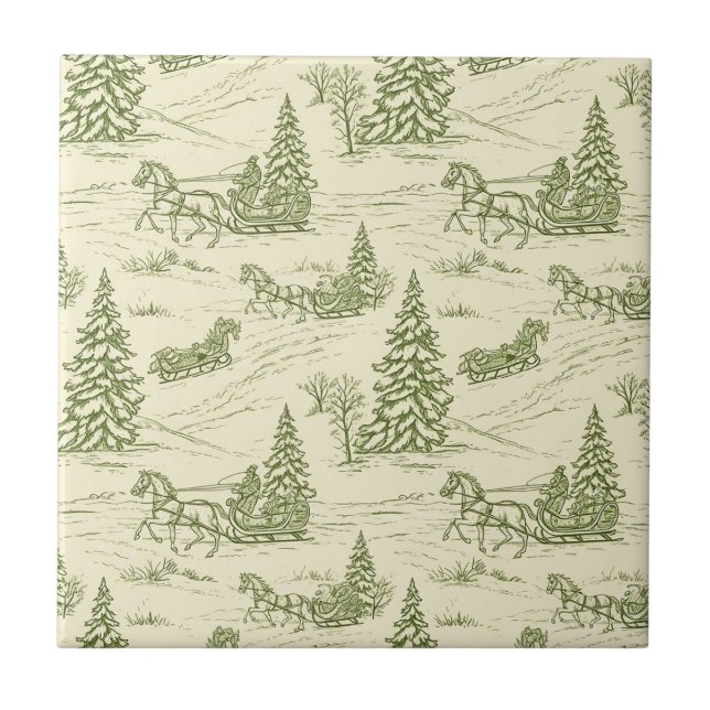 Azulejo De Cerâmica Green Toile Christmas Sleigh Ride Pattern (Frente)