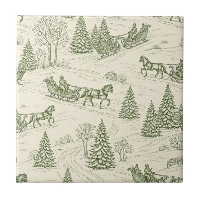 Azulejo De Cerâmica Green Toile Christmas Sleigh Ride Pattern (2) (Frente)