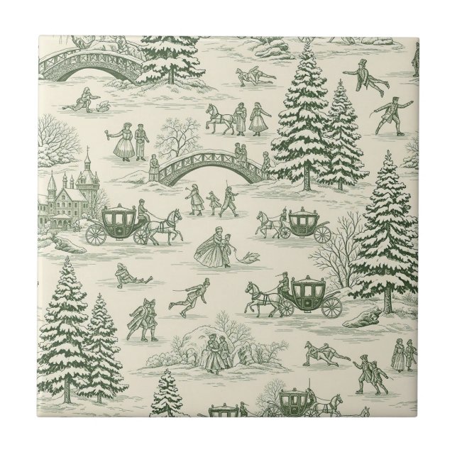 Azulejo De Cerâmica Green Toile Christmas Sleigh Ride Pattern (3) (Frente)