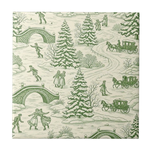 Azulejo De Cerâmica Green Toile Christmas Sleigh Ride Pattern (4) (Frente)