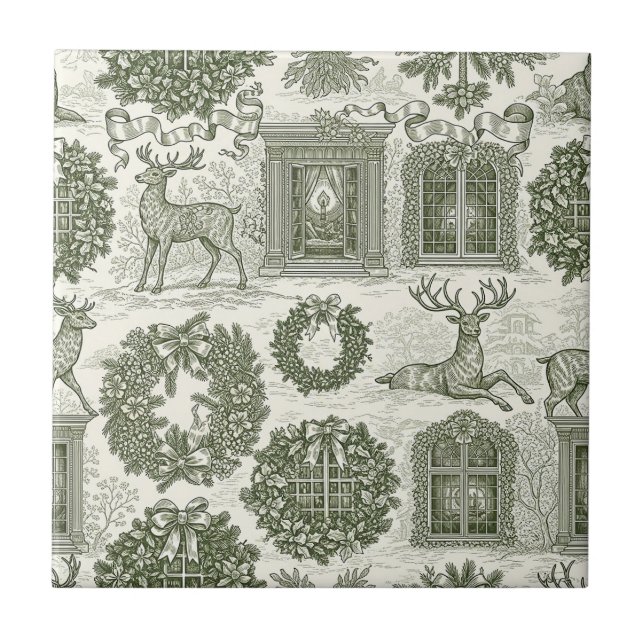 Azulejo De Cerâmica Green Toile Woodland Deer Christmas Pattern (Frente)