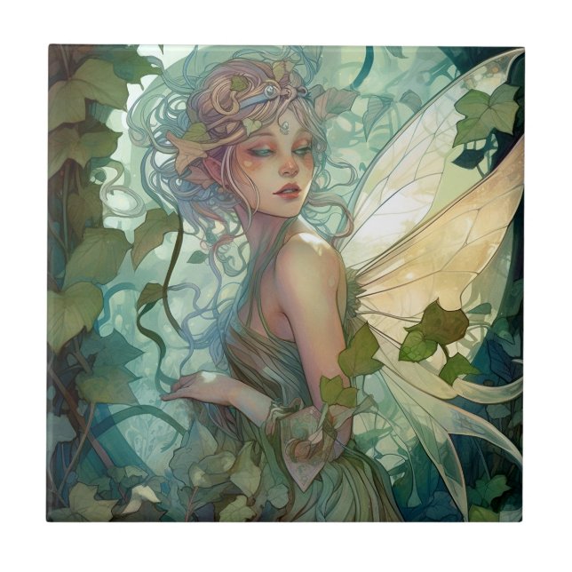Azulejo De Cerâmica Green Woodland Fairy Fantasy Art (Frente)