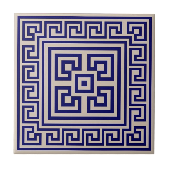 Azulejo De Cerâmica Grego Meander - Chave Grega - Azul e bege (Frente)