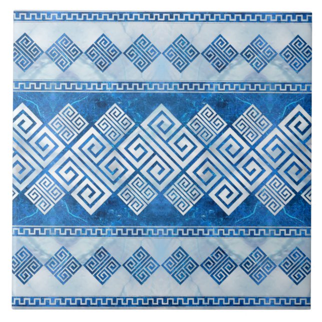 Azulejo De Cerâmica Grego Meander - Gemstone e pérola azul-chave grega (Frente)