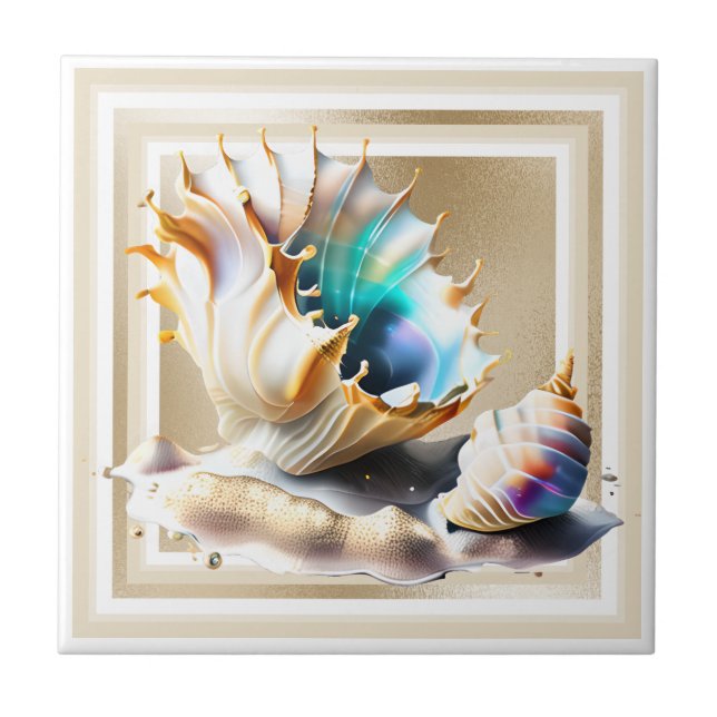 Azulejo De Cerâmica Grelha de martelo de ouro 3D iridescente com conch (Frente)