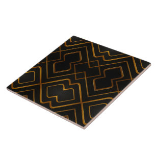 Azulejo De Cerâmica Grelha Deco Opulenta Preto Monocromo Ouro Líquido 