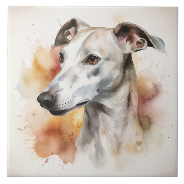 Azulejo De Cerâmica Greyhound Gracioso, Cachorro, Pet, Aquarela (Frente)