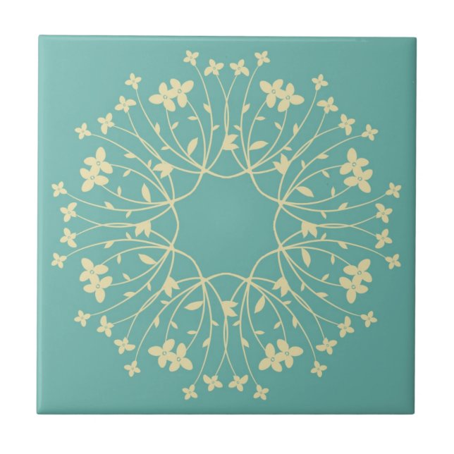 Azulejo De Cerâmica Grinalda de Flores Elegante Turquesa e Bege (Frente)