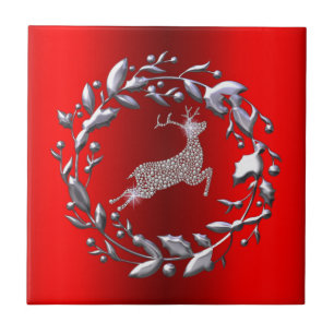 Azulejo De Cerâmica Grinalda e rena de prata do Natal