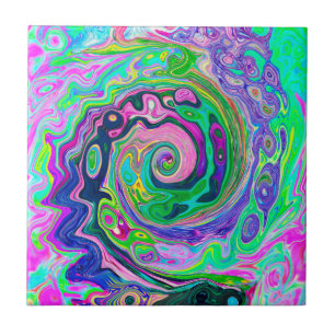 Azulejo De Cerâmica Groovy Abstrato Aqua e Marinho Lava Swirl