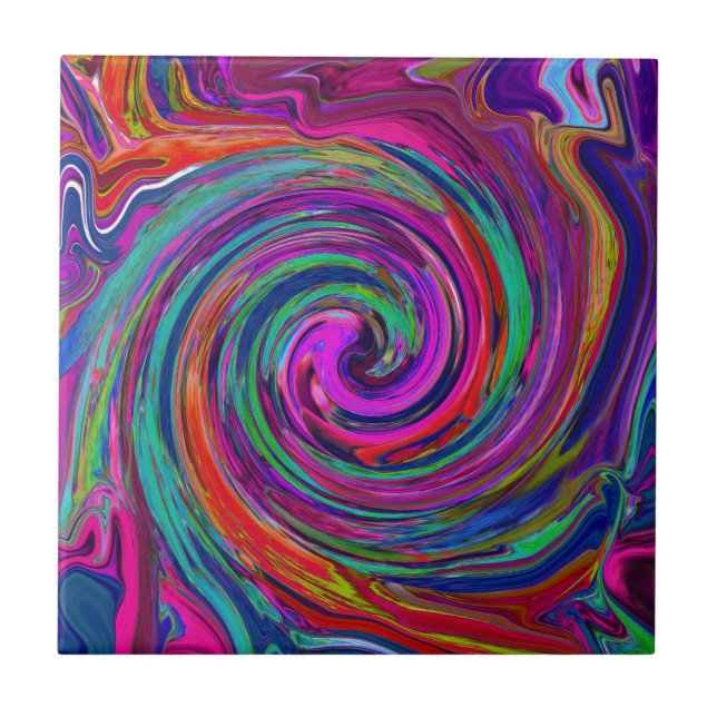Azulejo De Cerâmica Groovy Abstrato Retro Magenta Dark Rainbow Swirl (Frente)
