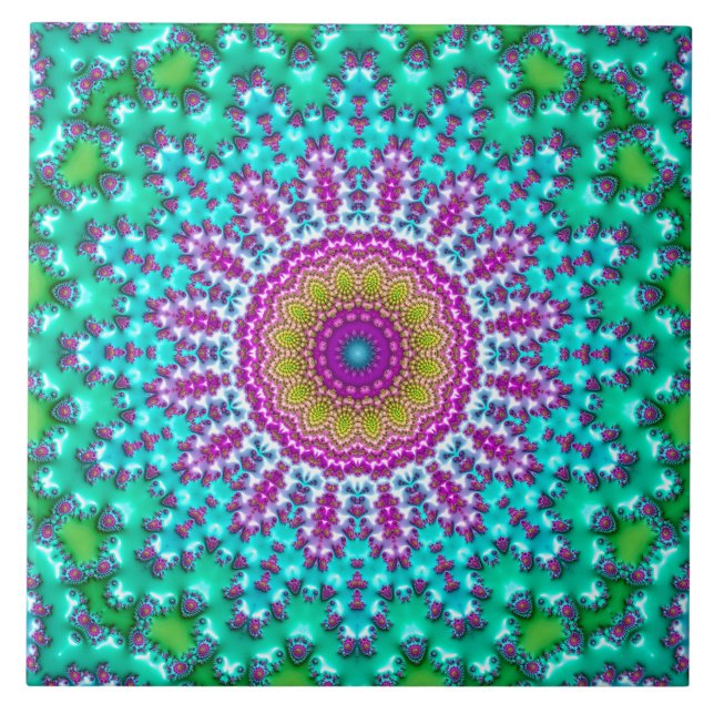 Azulejo De Cerâmica Groovy Colorful Jewel Tone Boho Fractal Mandala (Frente)