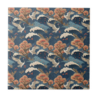 Azulejo De Cerâmica Groseira Crane e Flor de Cerejeira Desenho Japonês