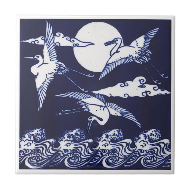 Azulejo De Cerâmica Gruas brancas e azuis com onda e lua (Frente)