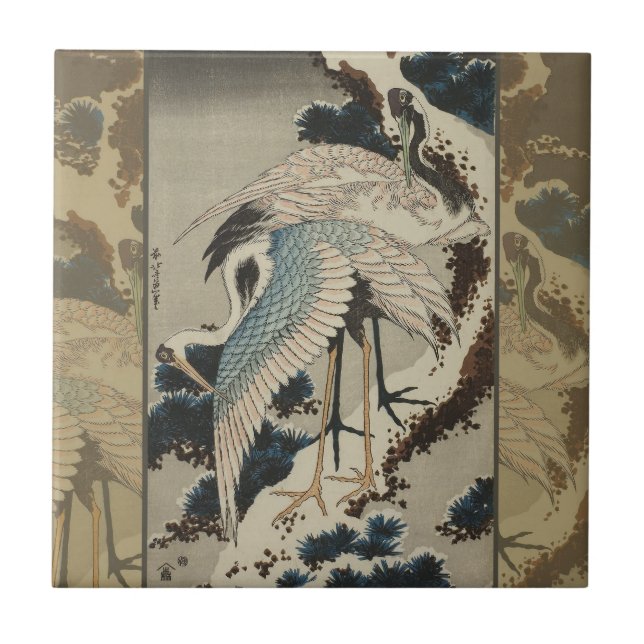 Azulejo De Cerâmica Gruas em Pine Hokusai coberto de neve (Frente)