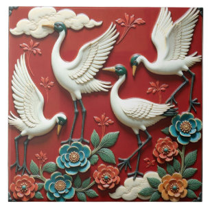 Azulejo De Cerâmica Gruas em pouso em ramificações florais